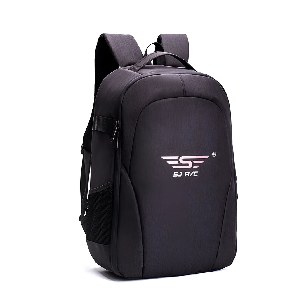 Black Oxford cloth drone backpack showing internal camera, laptop, and organiser pockets.