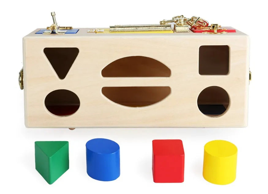 Wooden shape sorter lock box with 12 eco-friendly non-toxic pieces for preschool learning