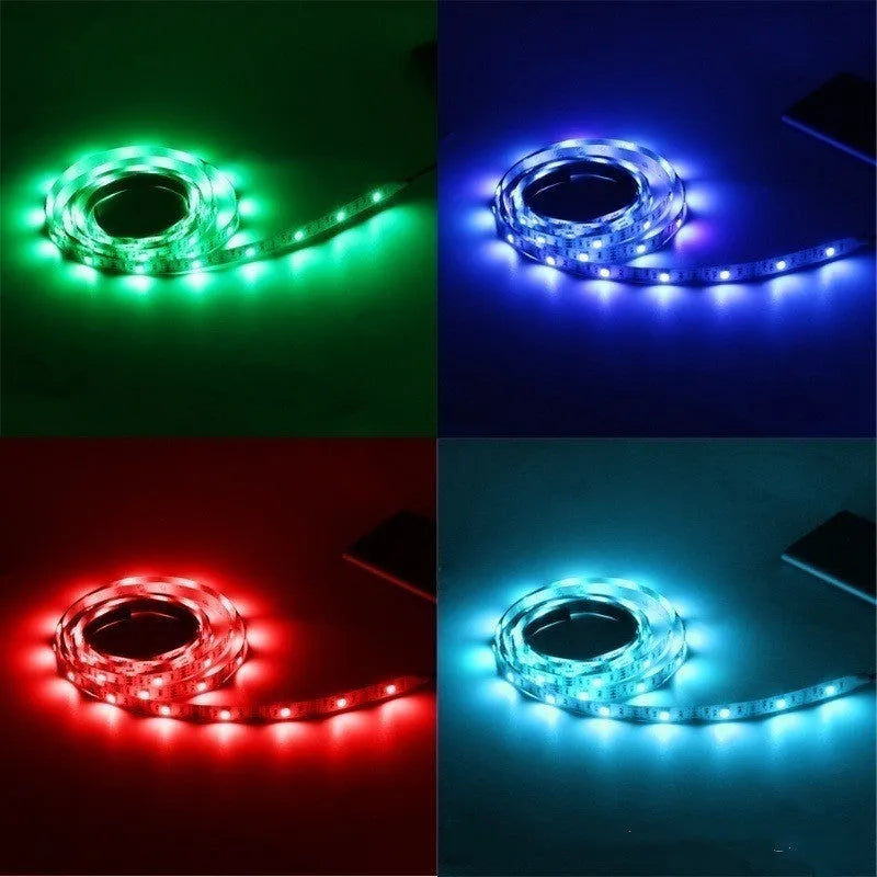 USB-powered LED light strip on a reel showing multiple colour options including white, blue, and red.