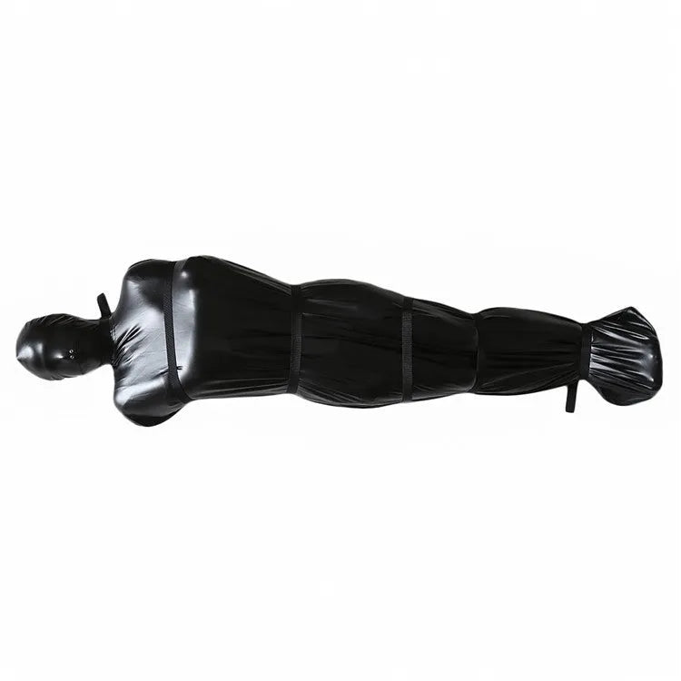 Black patent leather bondage kit showing body wrap garment and six ratchet tie-down straps
