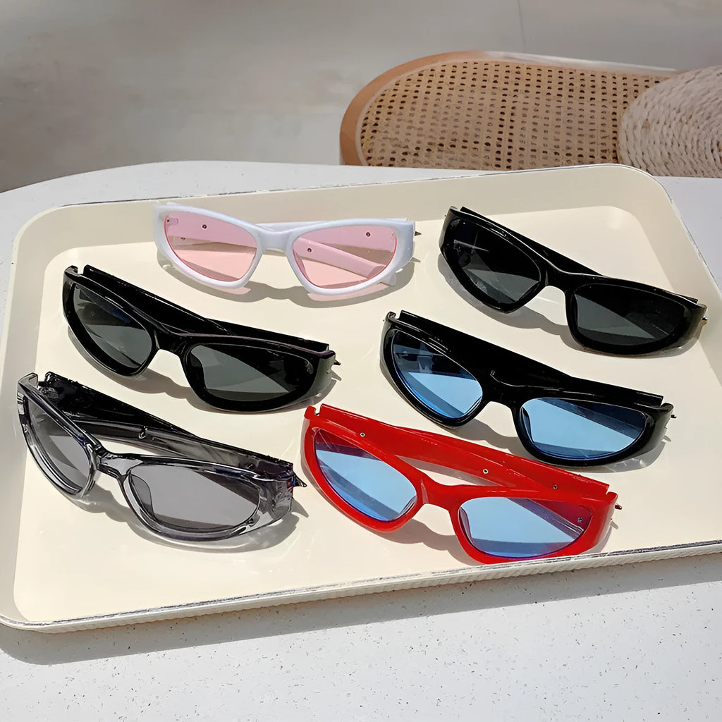 Outdoor sports sunglasses with PC frame in black with blue lens, windproof design for active wear