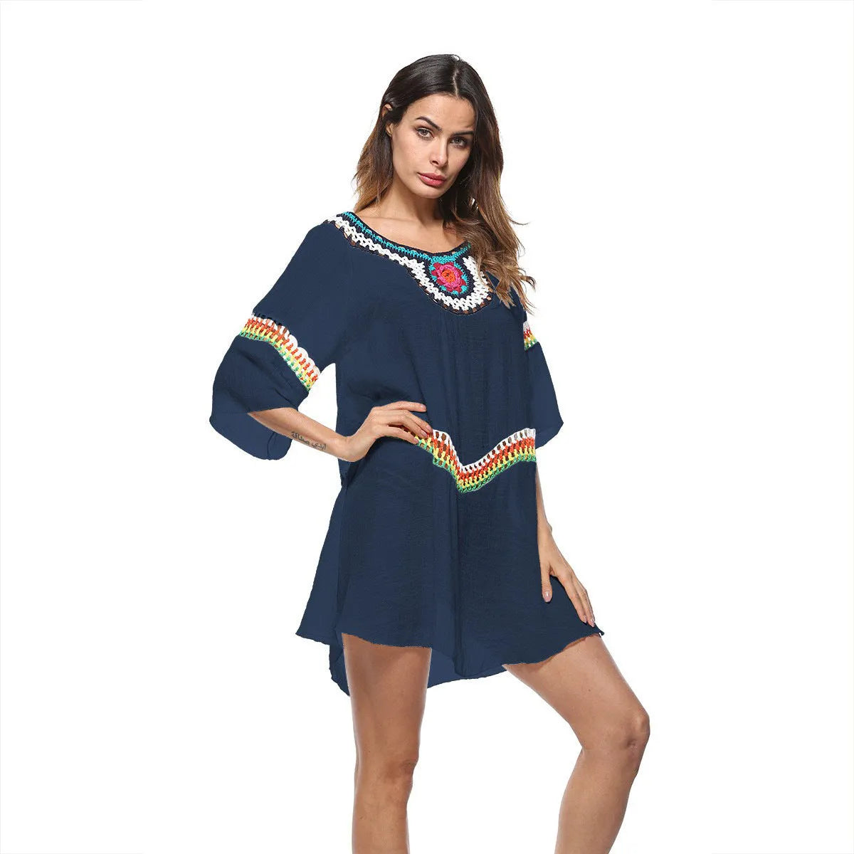 Crocheted ethnic style beach clothing set for women in acrylic fabric with sun protection for swimming