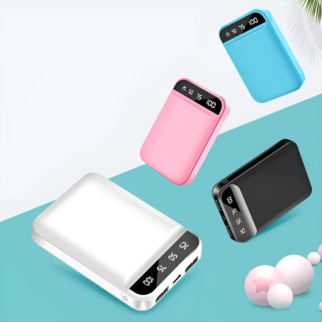 Compact mini power bank in choice of colours showing multi-USB port and small 93x63x22mm size.