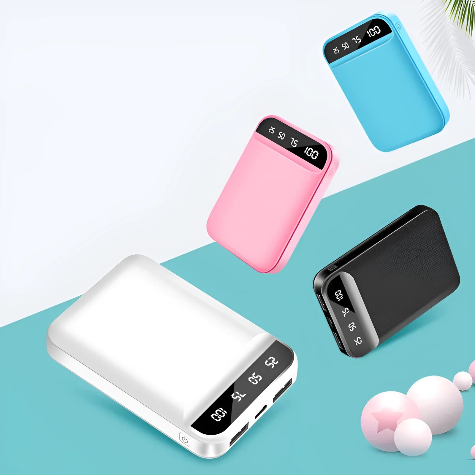 Compact mini power bank in choice of colours showing multi-USB port and small 93x63x22mm size.