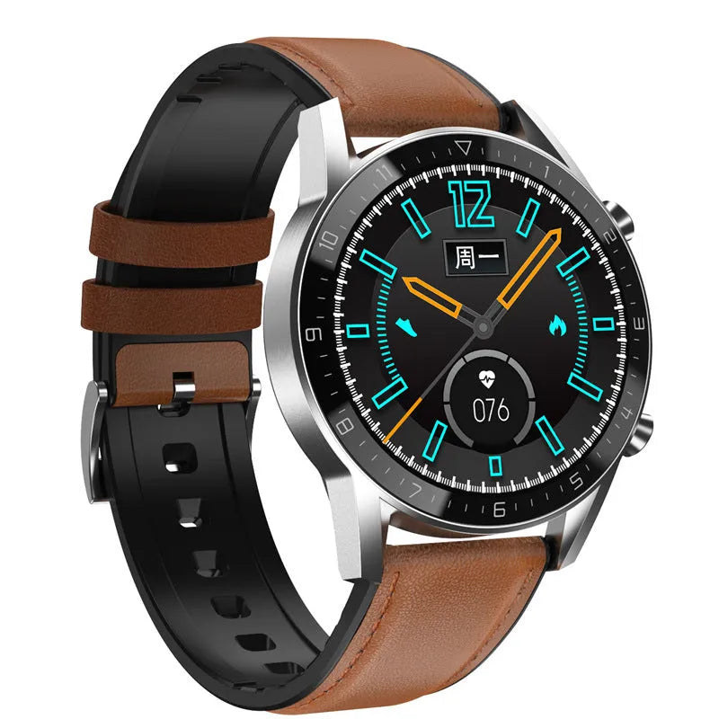 Sports smartwatch with black leather strap and 1.3-inch touchscreen displaying step count