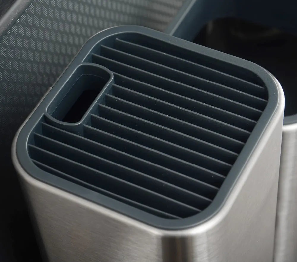 Stainless steel kitchen tool holder with detachable draining base in black and white colours