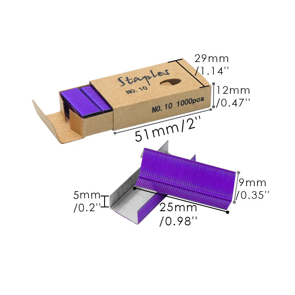 Box of 1000 metal stitching needle staples in black, purple, rose gold, and rose red colours.