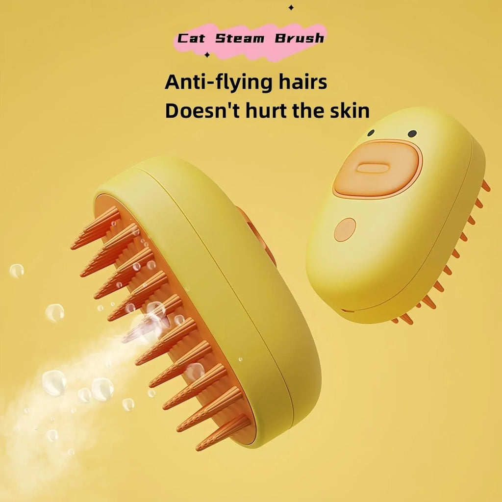 White rechargeable pet steam brush with rubber teeth and water tank for dogs and cats