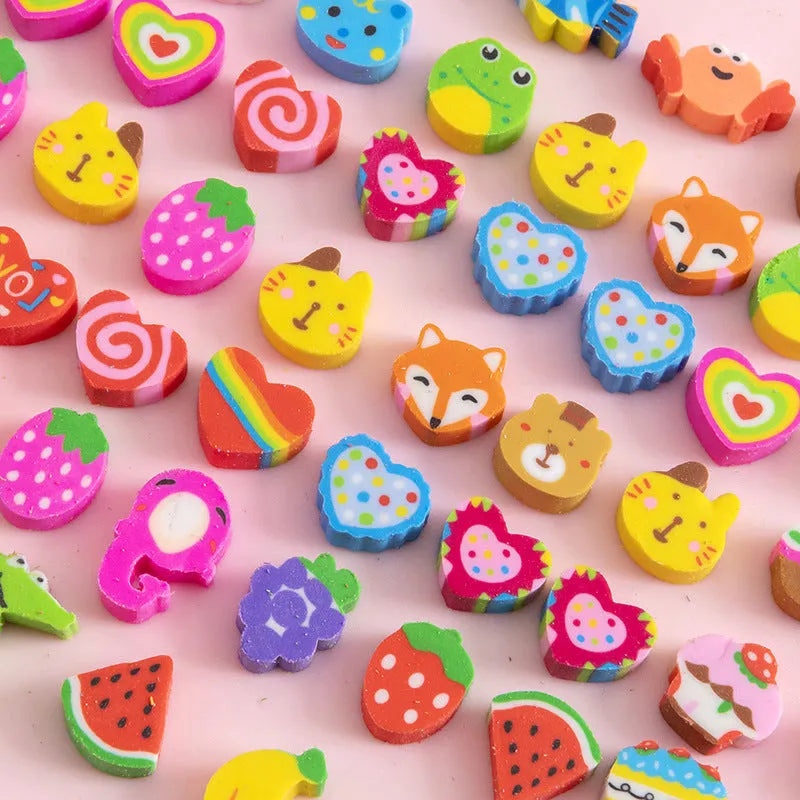 50 small colourful cartoon erasers in a pearlescent bag showing fruit, animal, cake, and Halloween themes.