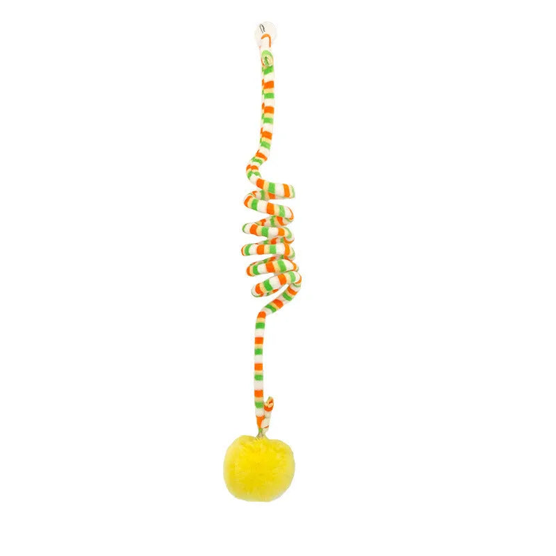 Hanging cat toy with bell stick and inflatable ball attached to door with suction cup