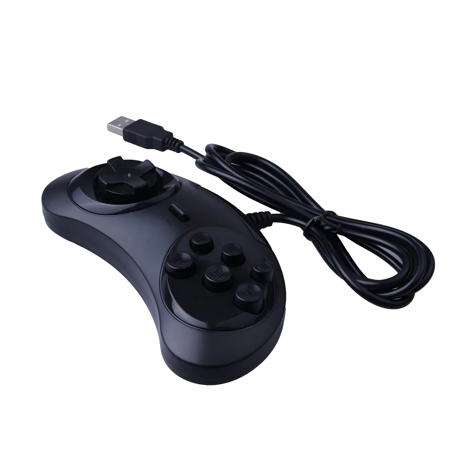 Black Sega USB wired PC game controller with long cable on a grey background.