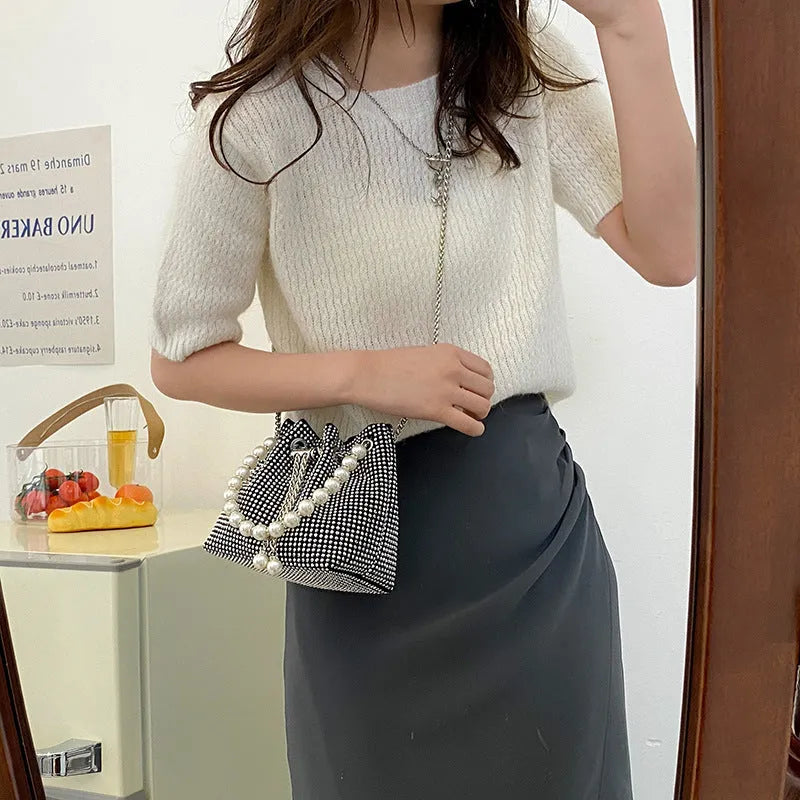 PU shoulder bag with diamond detailing and chain crossbody strap