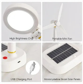 Ivory white solar charging table fan with dual-purpose LED study lamp on desk