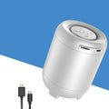 Black and white Bluetooth speaker with AI voice control showing USB port and control buttons