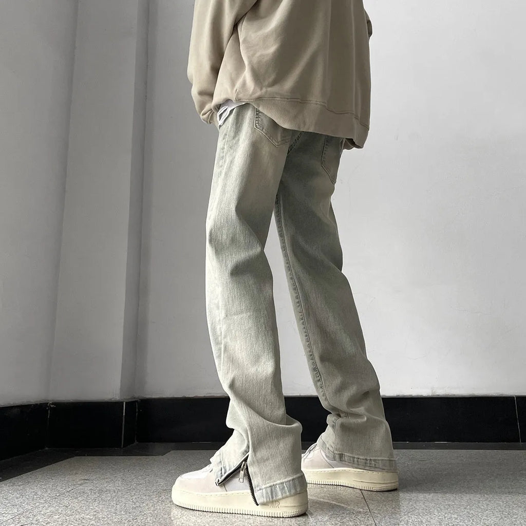Men's retro straight-leg skinny denim jeans in yellow mud colour with side zipper