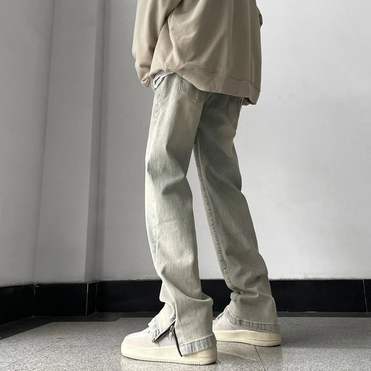 Men's retro straight-leg skinny denim jeans in yellow mud colour with side zipper