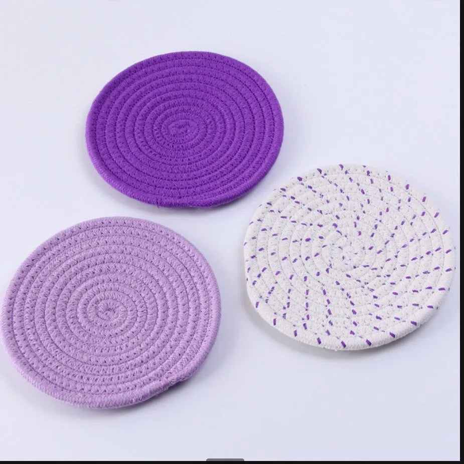 Three round cotton cord coasters in modern simplicity design with 18cm diameter