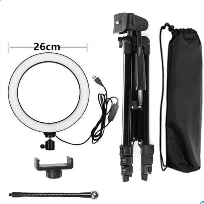 Adjustable live streaming phone stand extended to various heights between 35 and 110 centimetres.