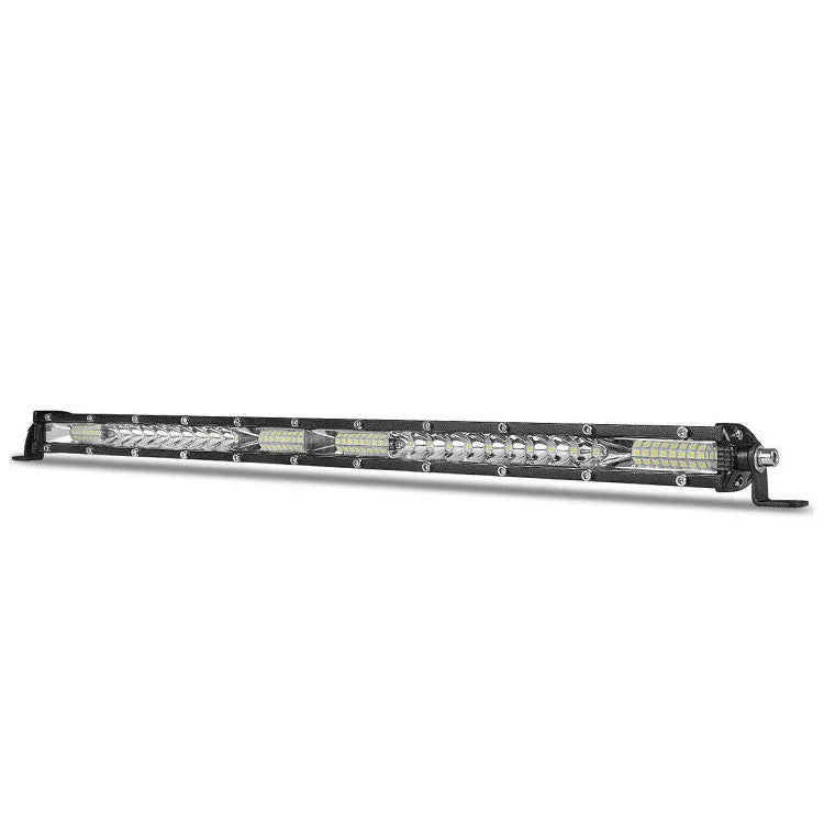 Ultra-thin single row white LED light bar for vehicle roof or bumper in three length options.