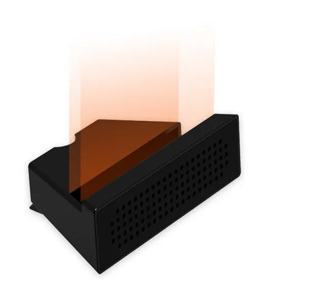 A portable black ABS plastic phone amplifier holder on a desktop, showing a mobile phone inserted for sound amplification.