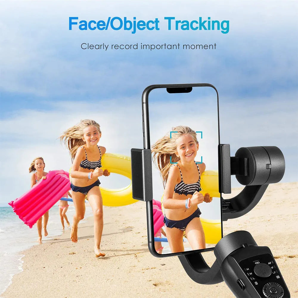 Black three-axis handheld gimbal stabilizer for mobile phones showing PTZ mechanism.