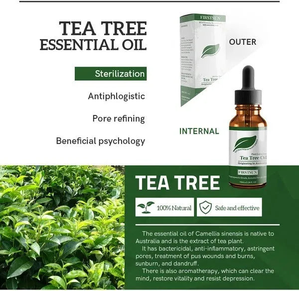 Firstsun tea tree essential oil 10ml bottle with pure natural ingredient for face and body care