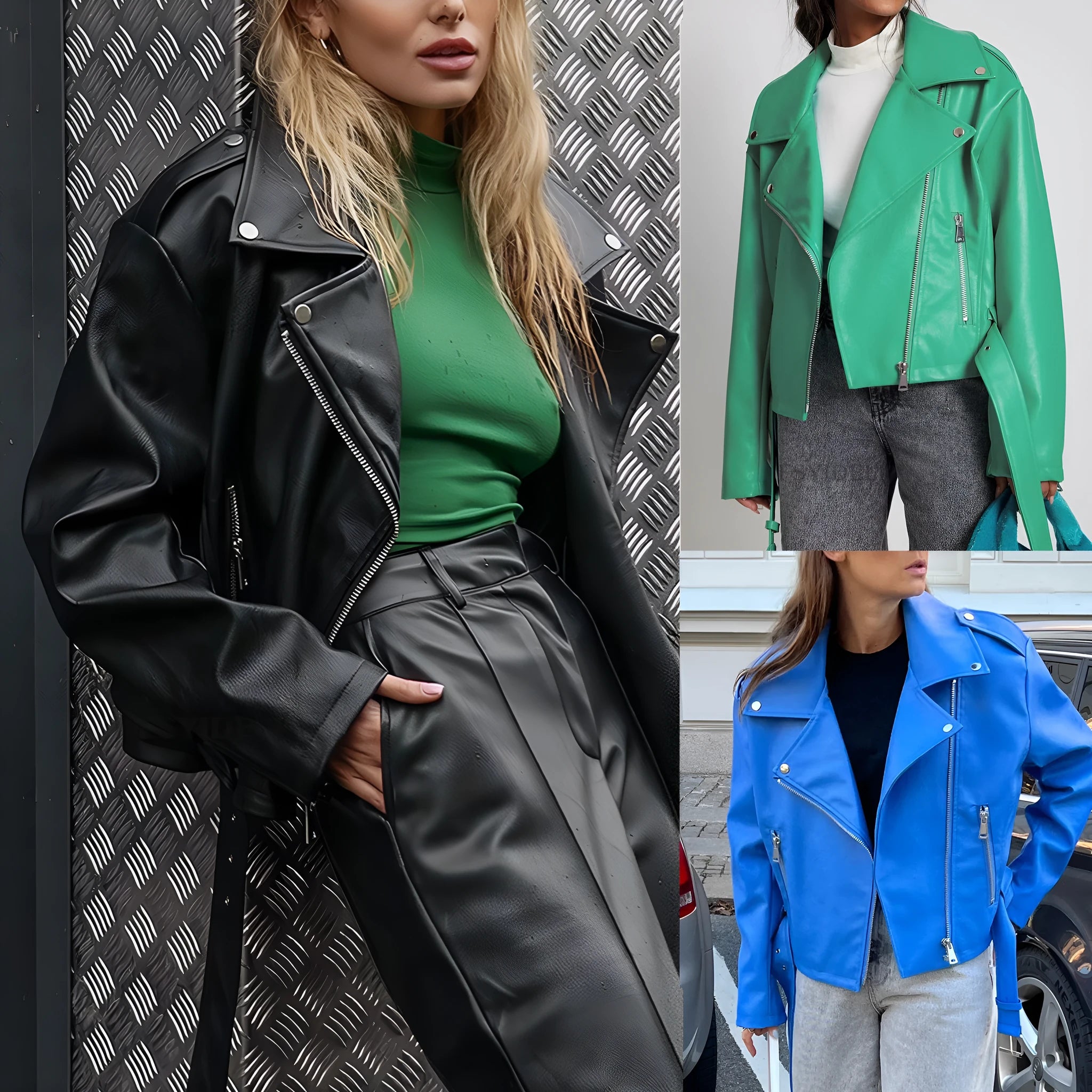 Black punk locomotive style jacket with short belt lapel and Peter Pan collar