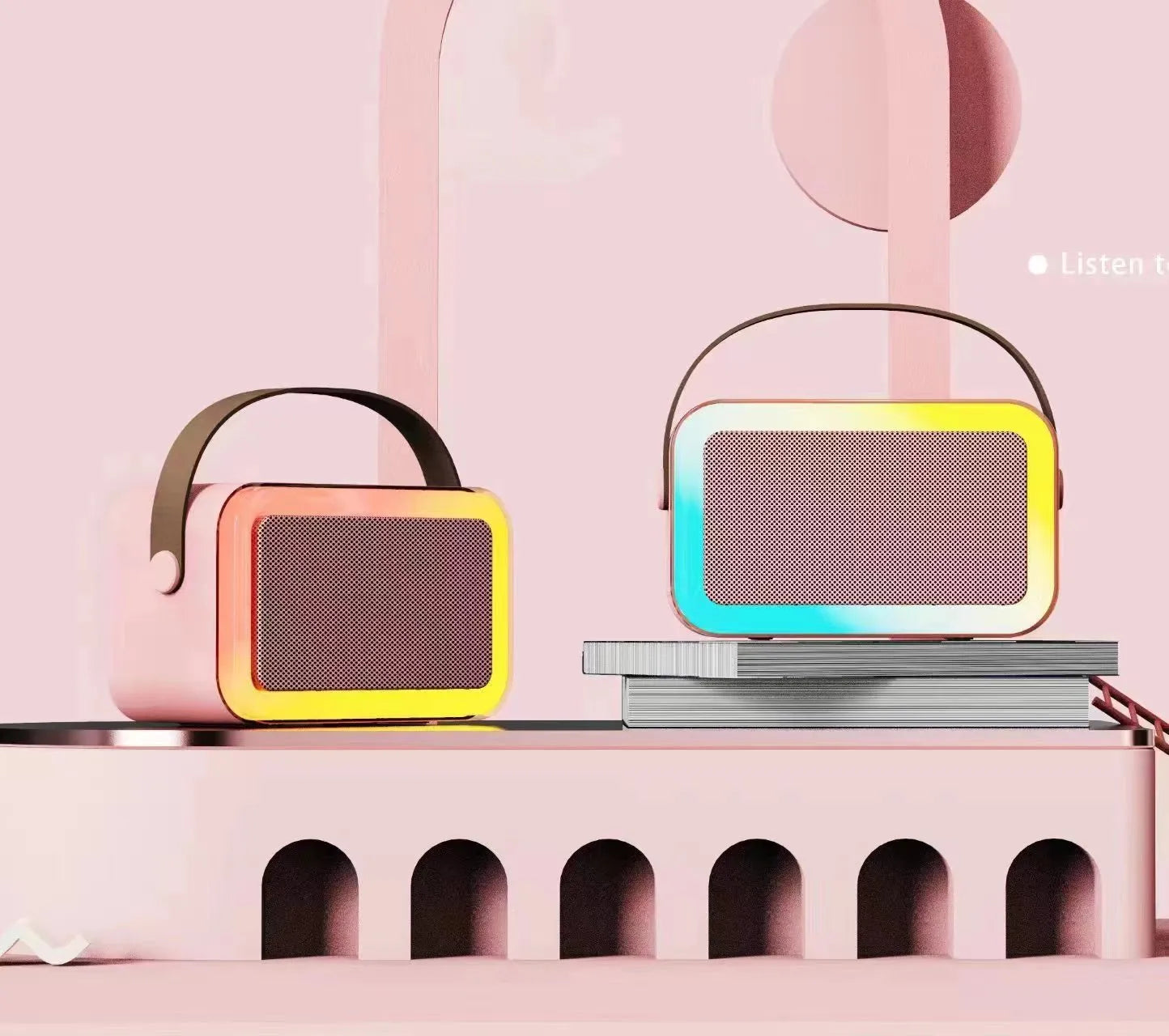 Portable white, pink, or sky blue Bluetooth karaoke microphone speaker with coloured lights.