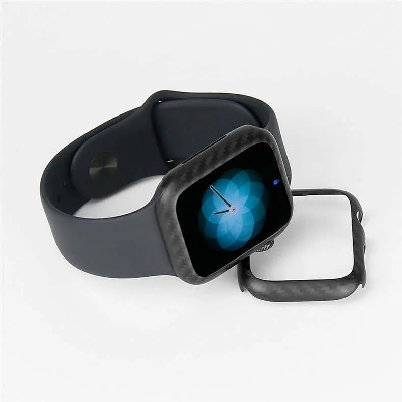 Carbon fibre protective case for Apple Watch 4 in 44mm size showing ultra-thin half wrap design