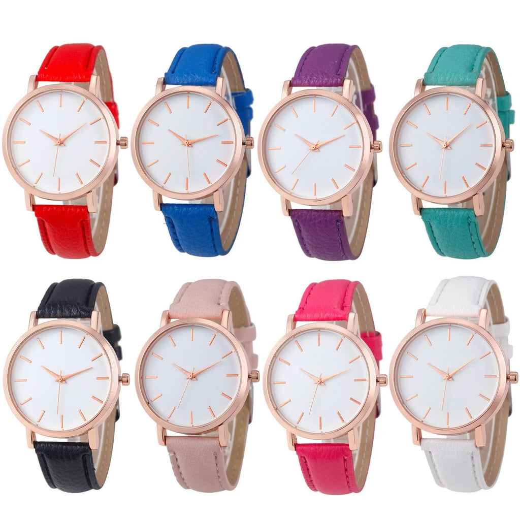 Square-faced quartz watch with a PU leather strap on a wrist, showing colour options like grey, pink, and blue.