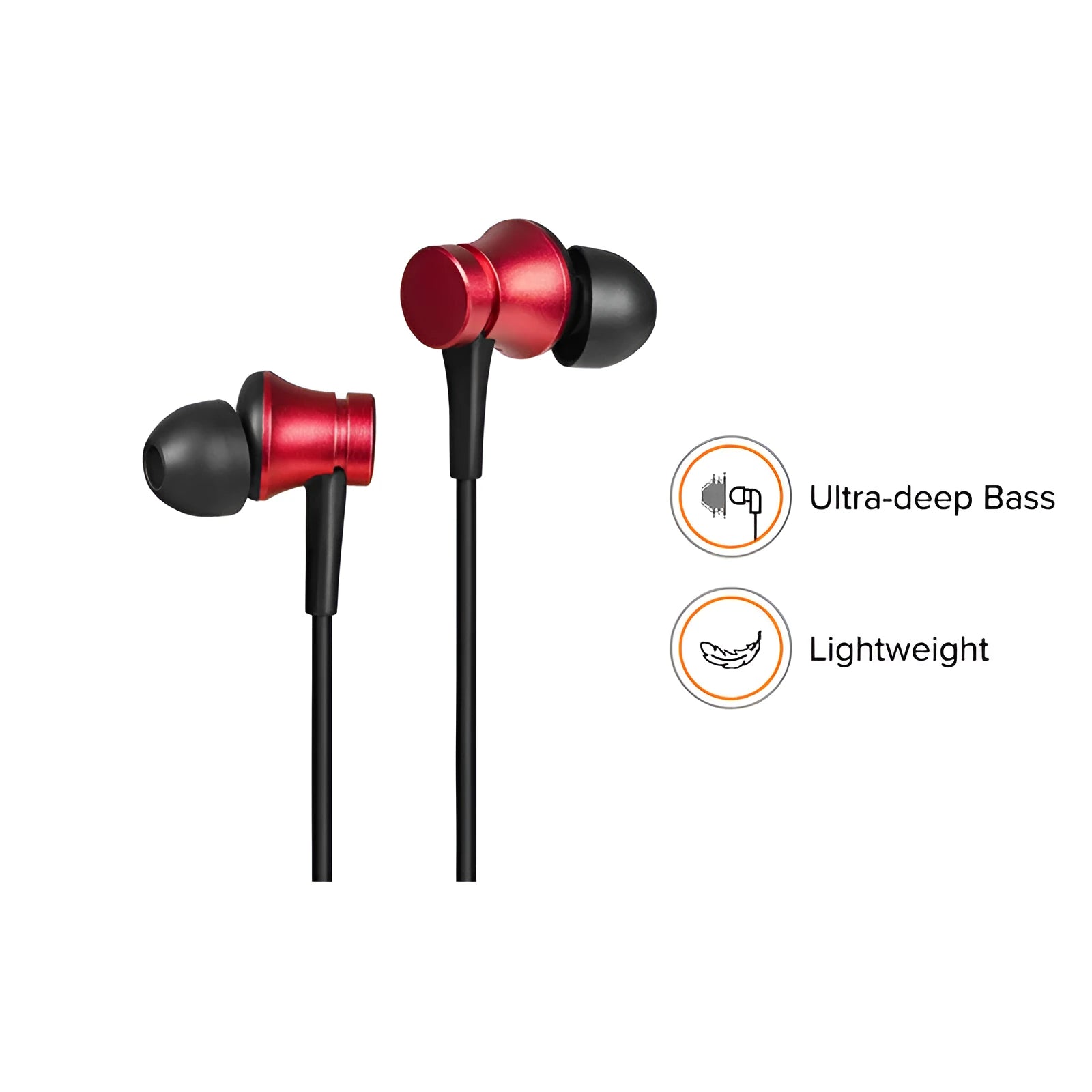 Piston wired in-ear headphones with 3.5mm gold-plated plug in black, blue, or red colour options