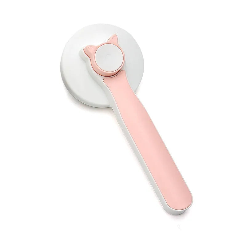Blue self-cleaning pet grooming brush with rubber handle and stainless steel pins on a white background.