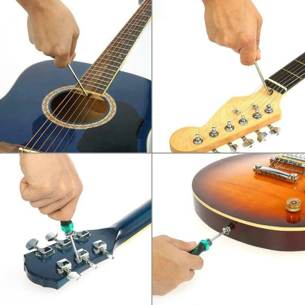 Black guitar repair tool kit open to show metal and plastic maintenance tools for guitars and other string instruments.