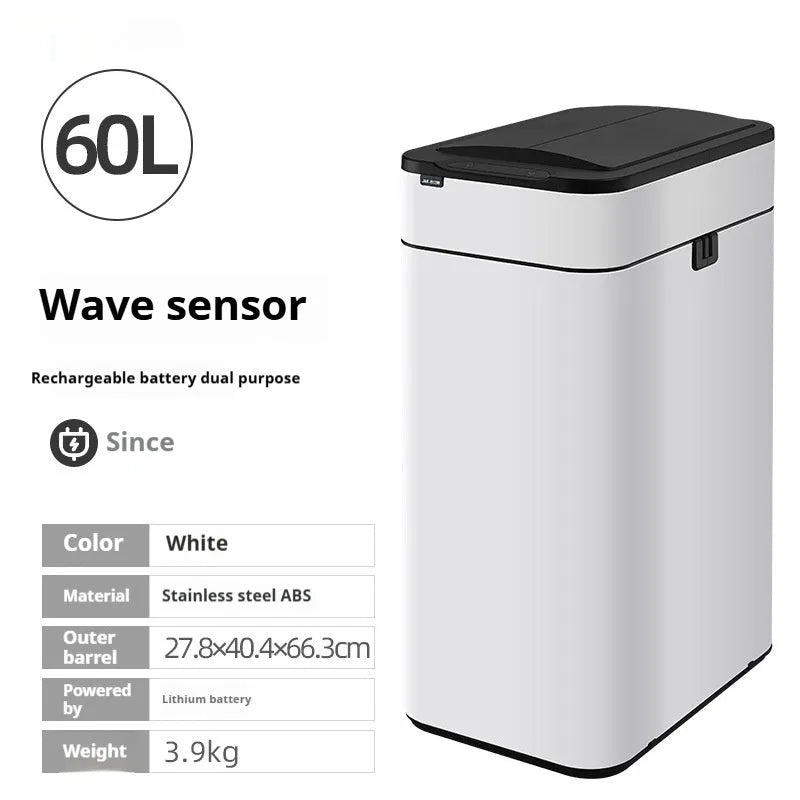 Stainless steel smart trash can with inductive lid and square shape on kitchen floor.
