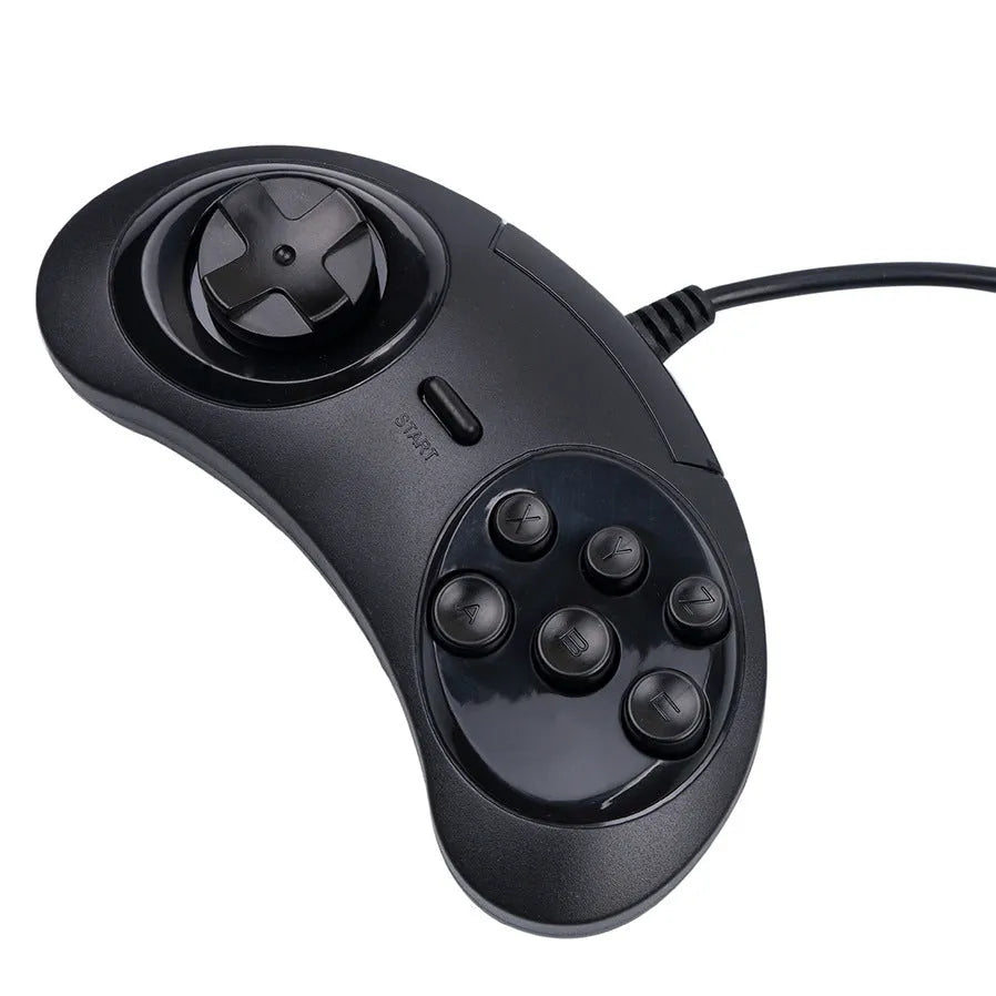 Black Sega USB wired PC game controller with long cable on a grey background.