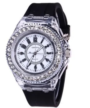 Women's LED luminous quartz watch with round 43mm alloy case and coloured silicone strap