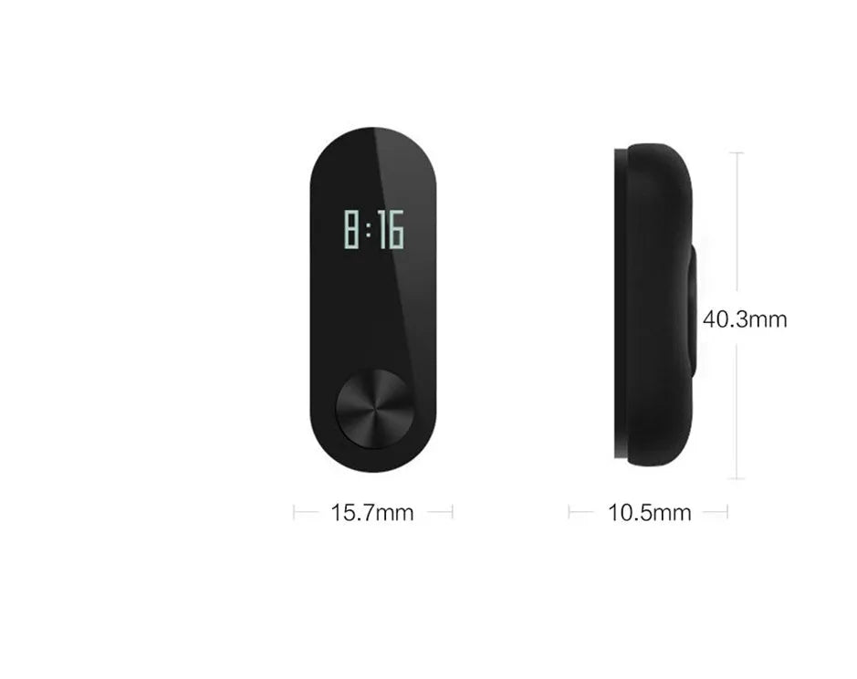 Xiaomi Mi Band 2 black smartband on wrist showing OLED display with heart rate and step count.