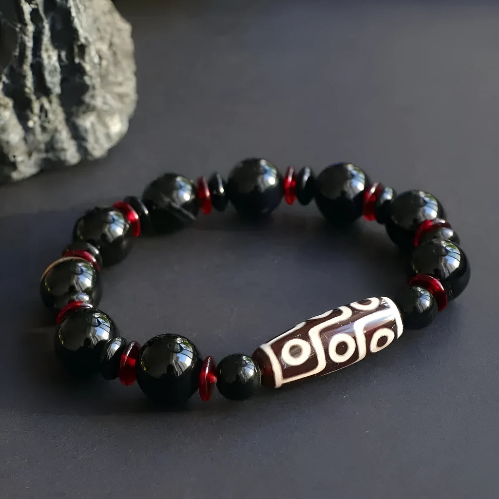 Hand-woven black agate Dzi bead bracelet with 11mm geometry-shaped stones