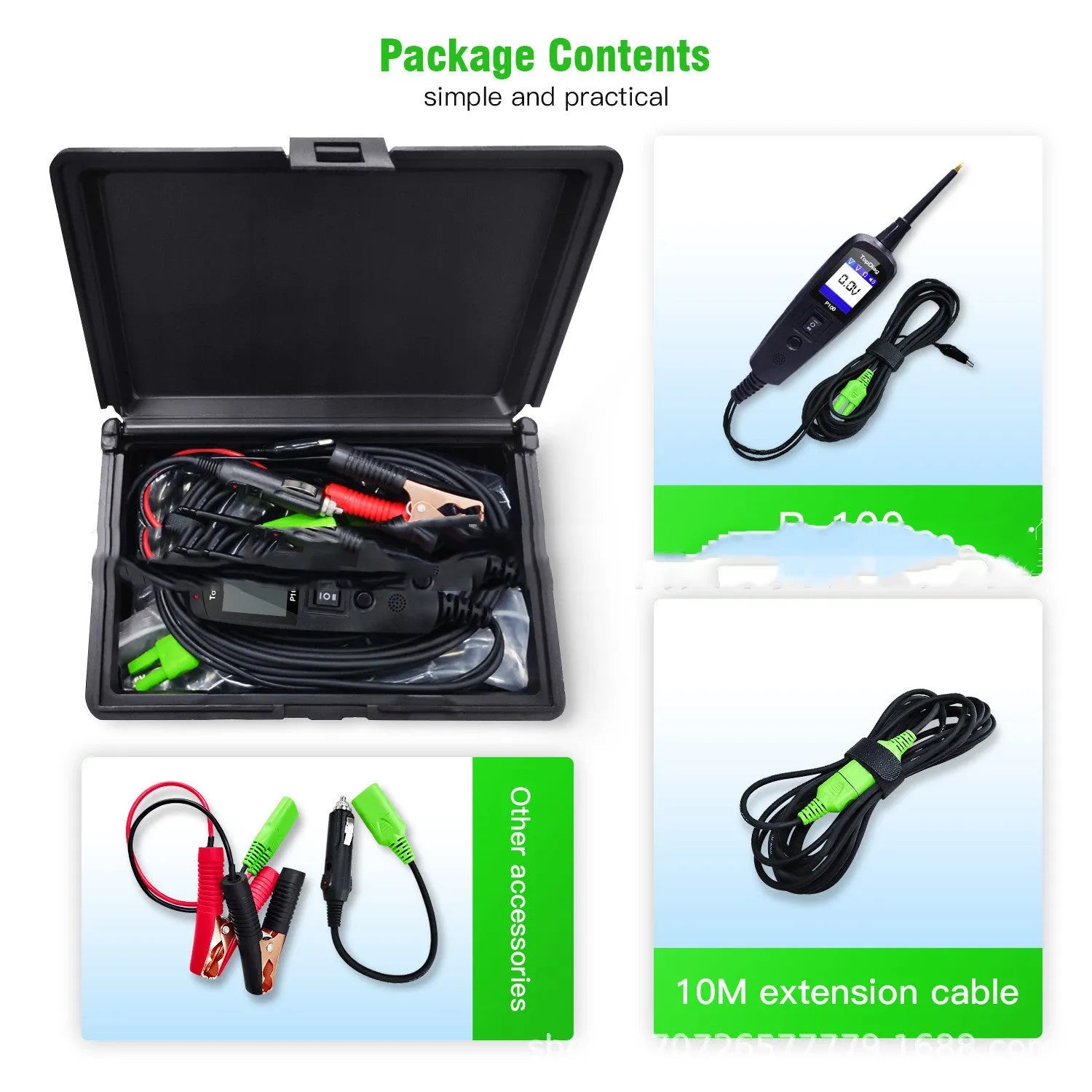 P100 black automotive circuit battery tester with OBD connector for 12V car fault diagnosis
