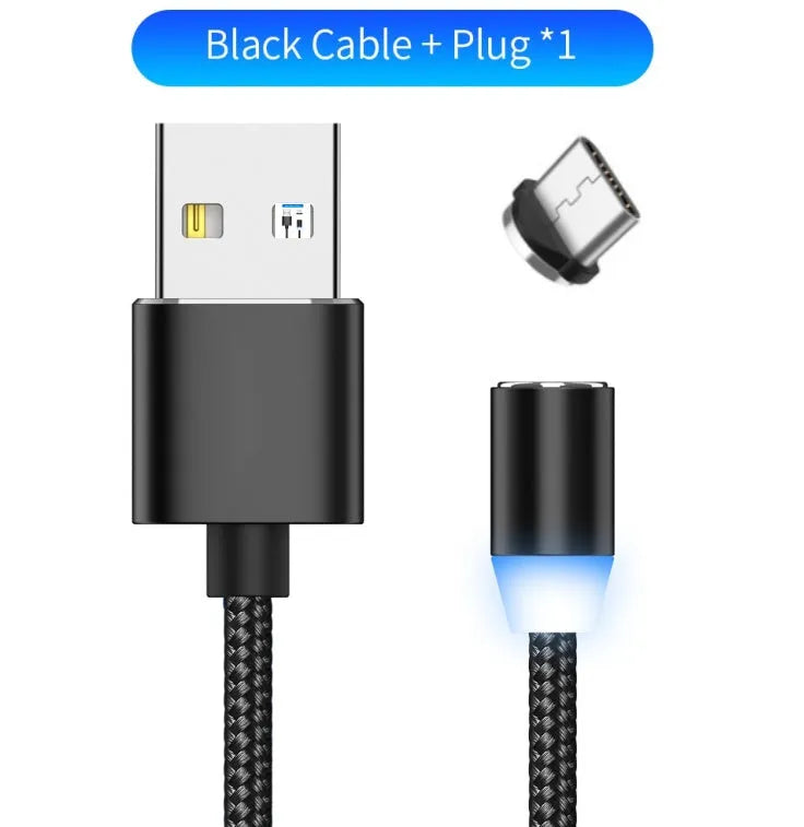 YBD 1m magnetic LED charging cable with cotton woven black cable and aluminium magnetic connectors