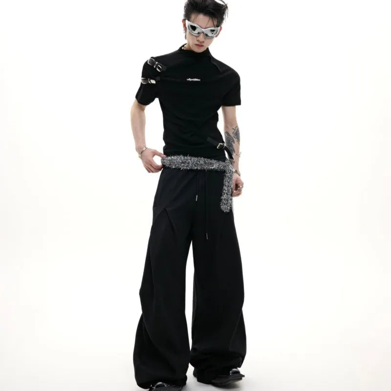 Men's black cotton short-sleeve T-shirt with a stand-up collar and metallic belt detail on a slim fit.