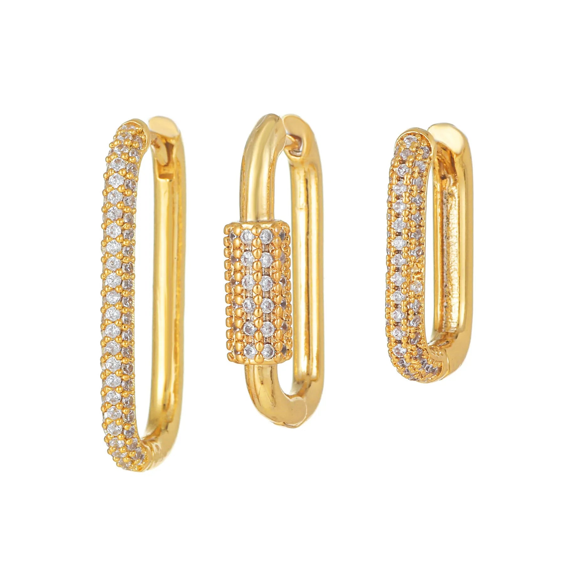 Three geometric square ear clips with micro inlaid zircon detailing in gold and white gold colours