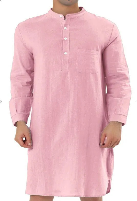 Men's button-front shirt robe in a cotton blend fabric with two front pockets