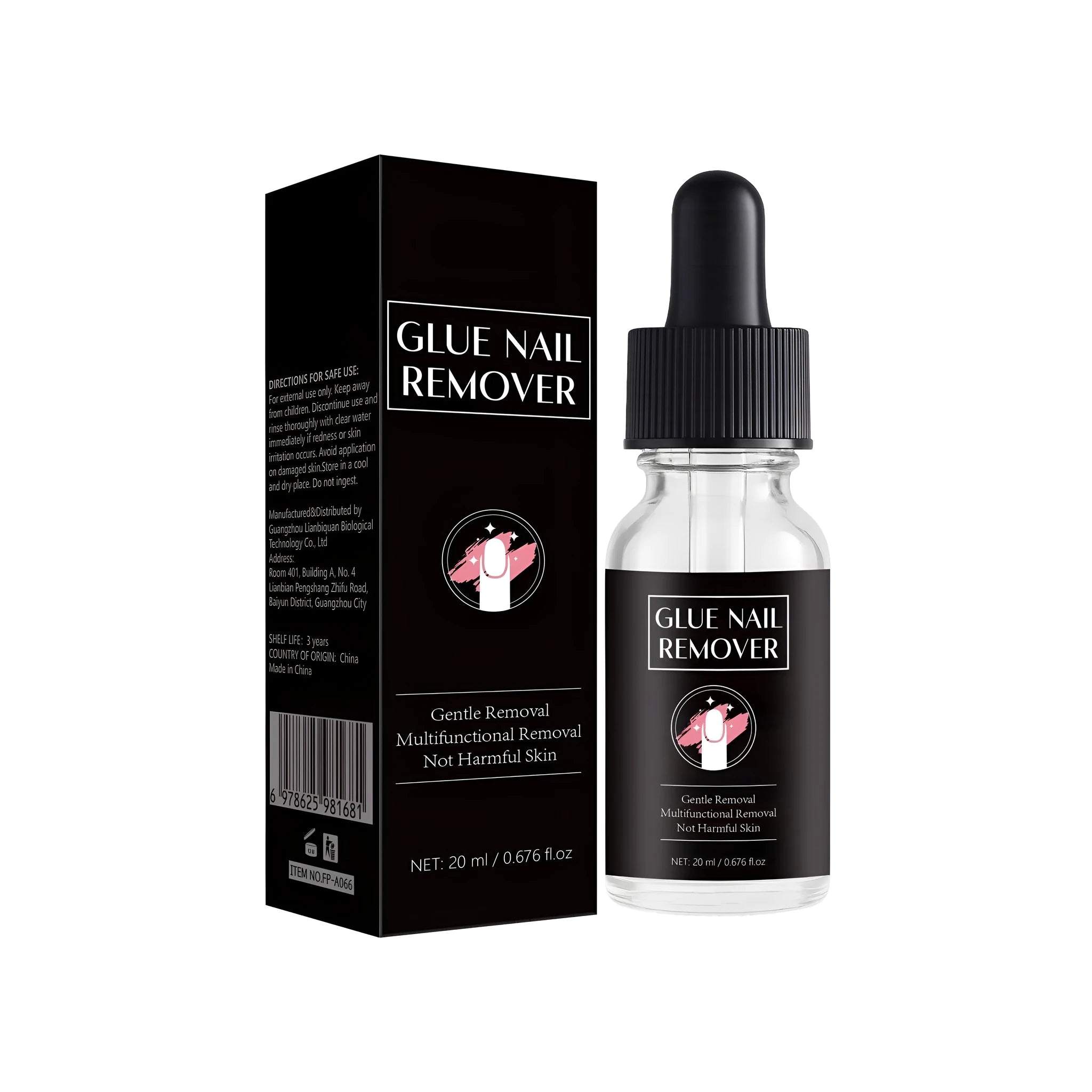 FP-A066 nail glue remover bottle with brush applicator, 20ml content.