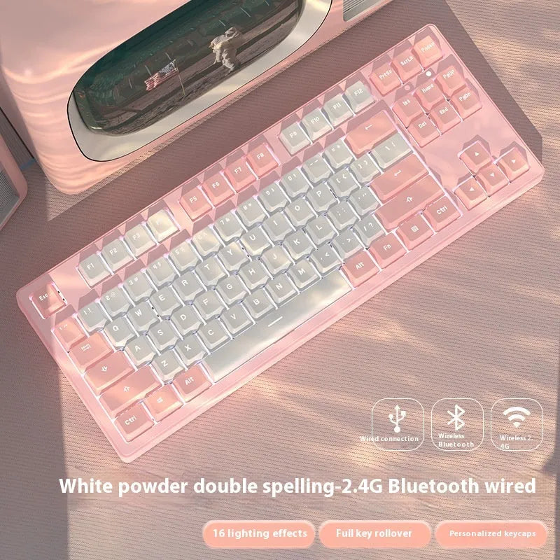 Triple-mode mechanical keyboard in various colour options showing 87-key and 108-key layouts