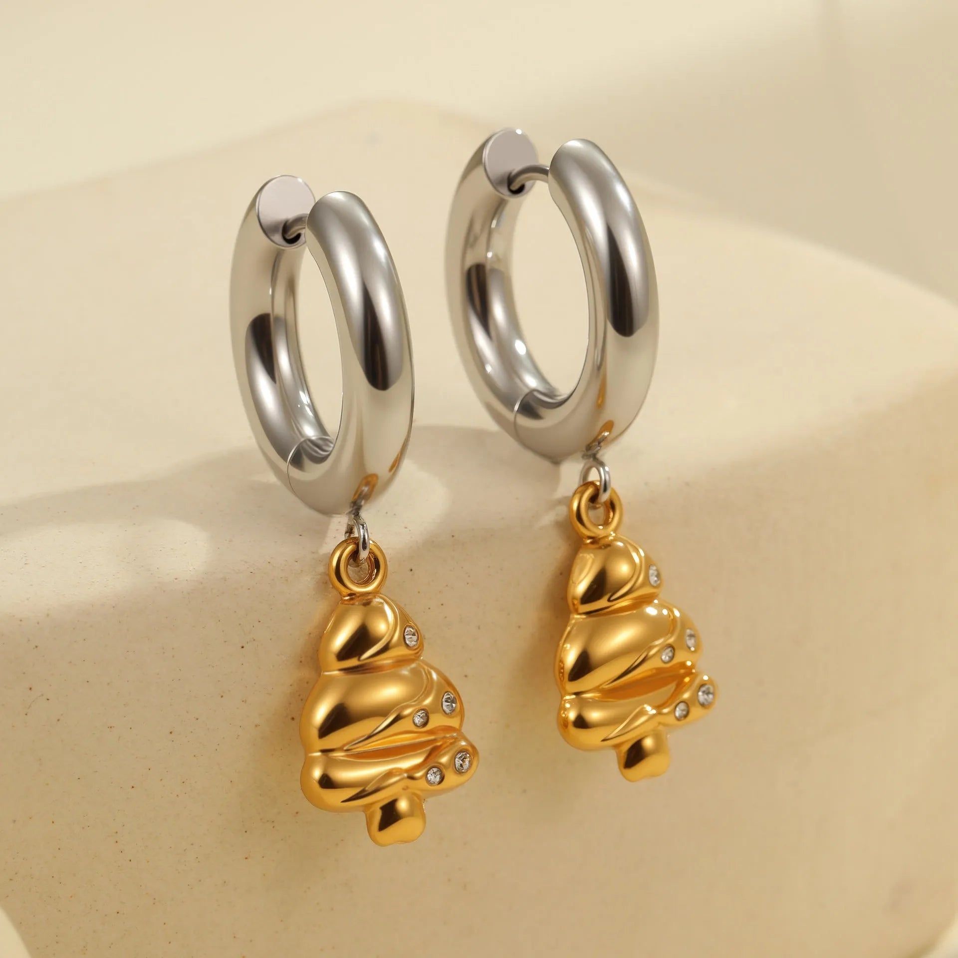 Stainless steel Christmas tree heart earrings with 18K gold electroplated finish