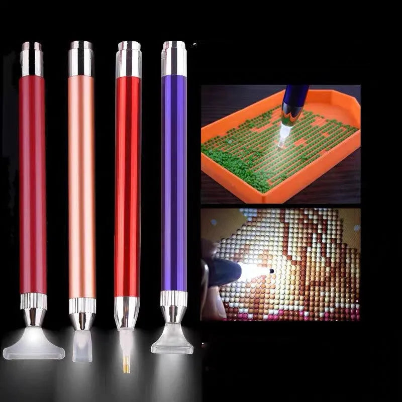 Aluminium alloy diamond painting drill pen with luminous tip in gold, red or blue colour options