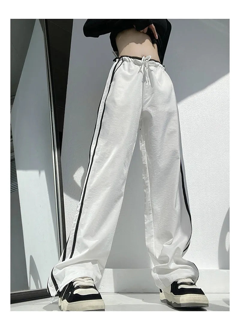 Women's ribbon parallel bars contrast colour loose straight slim draping trousers in thin fabric
