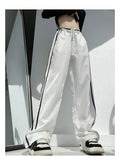 Women's ribbon parallel bars contrast colour loose straight slim draping trousers in thin fabric