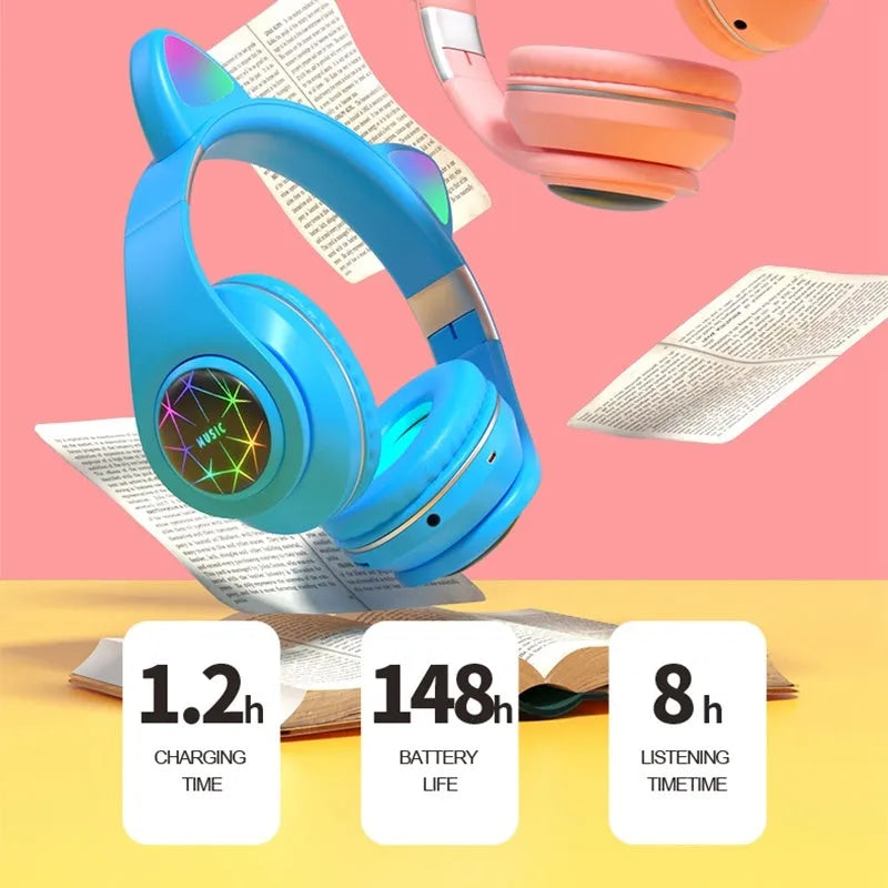 Cat ear wireless sports Bluetooth headset in various colours showing head-mounted design and earpieces